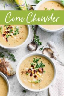 Corn chowder in three bowls with text on top