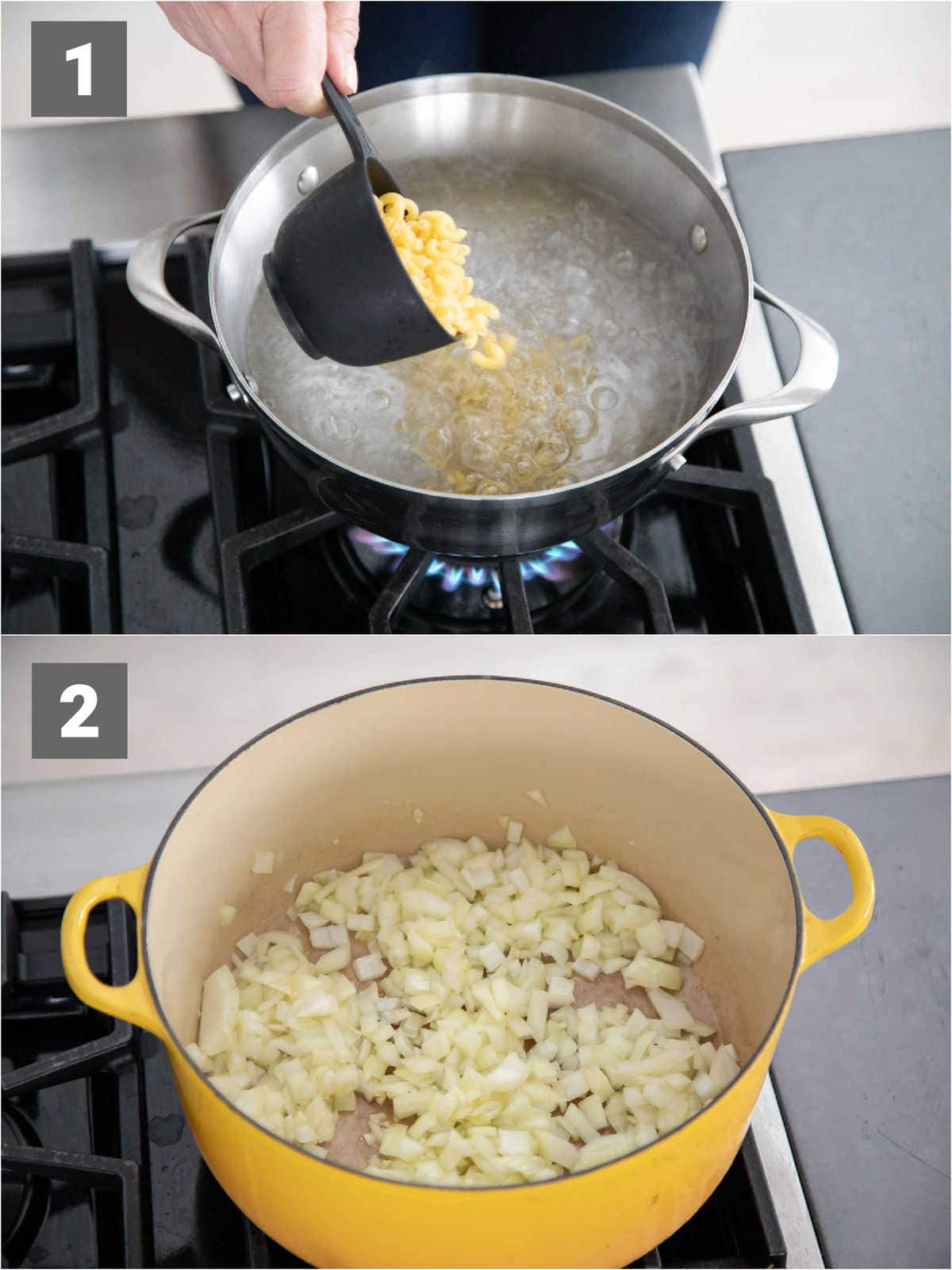 cooking the pasta and cooking the onions