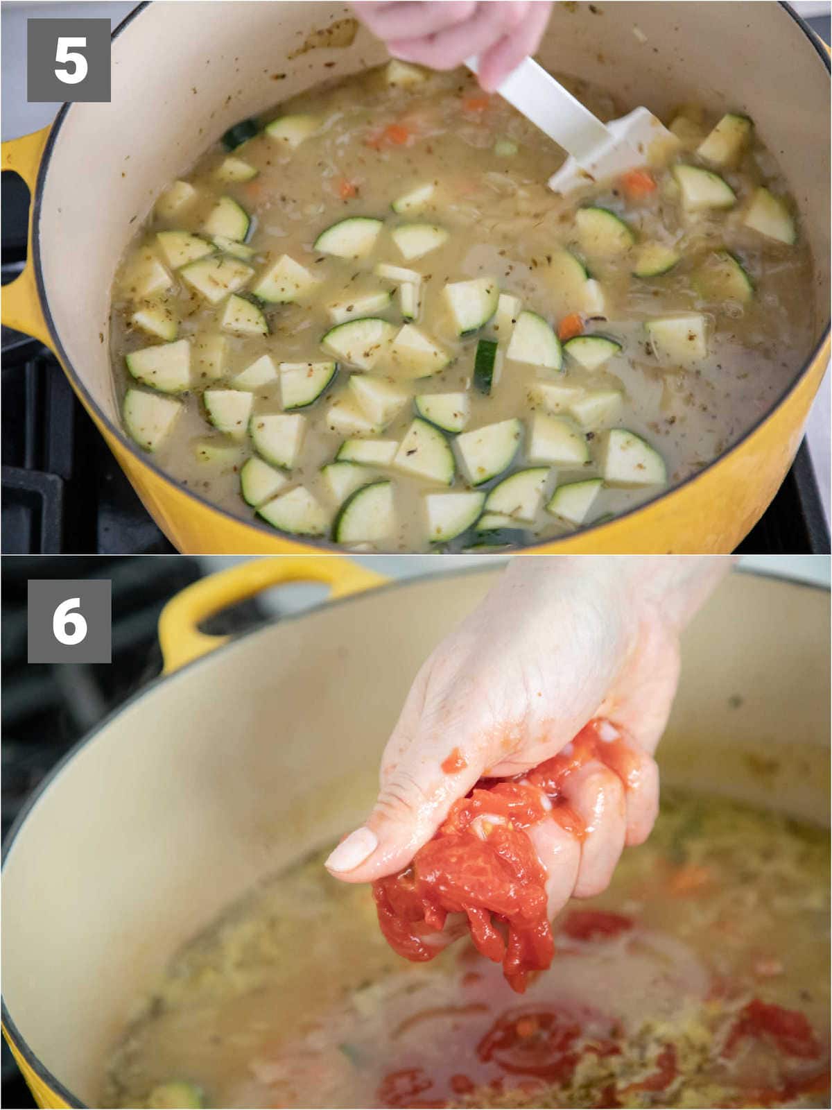 add broth and zucchini and hand break the tomatoes
