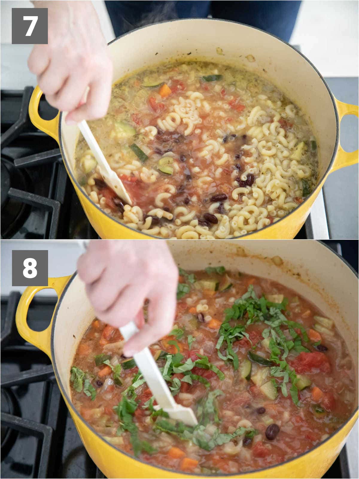 add beans and pasta add in basil