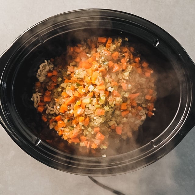 Cooked vegetables in a slow cooker