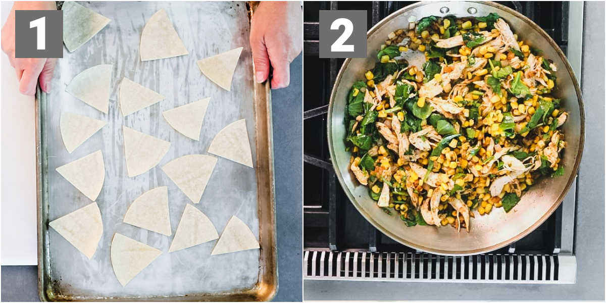 Baking tortilla chips and sauteing vegetables with chicken.
