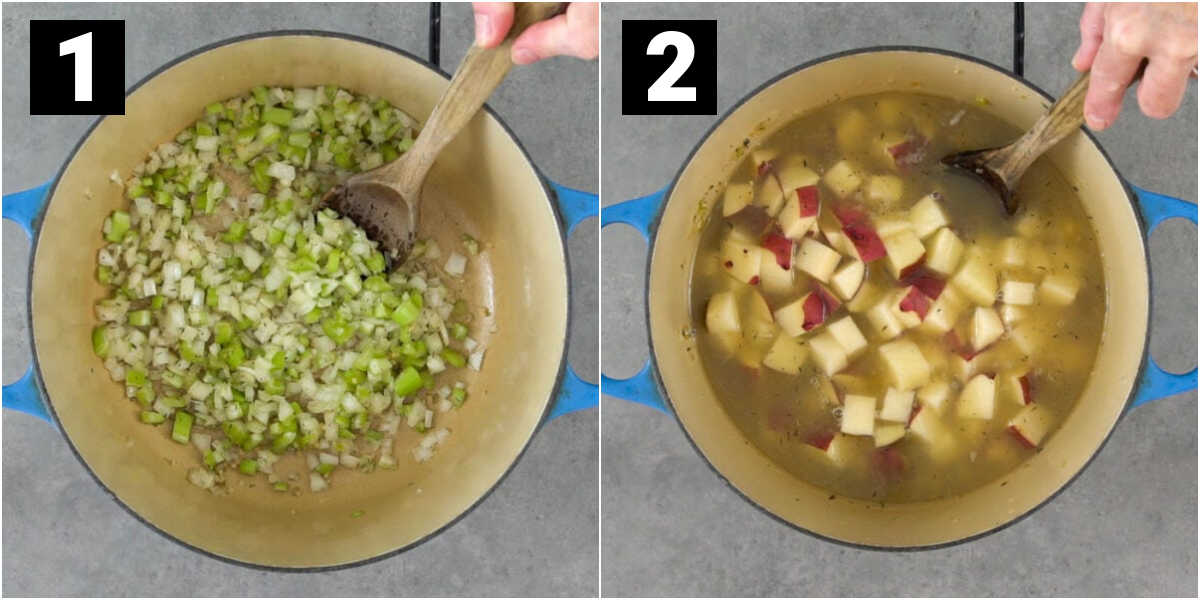 sauteeing the veggies then adding broth and potatoes