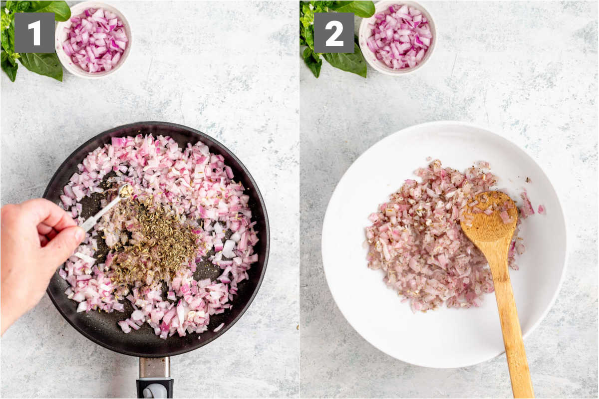 making the onions for the filling