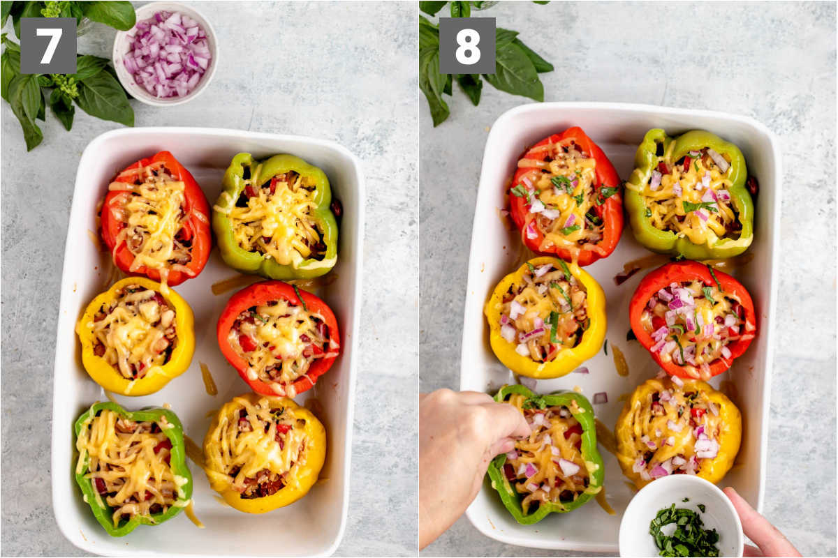 finishing the stuffed peppers with garnish