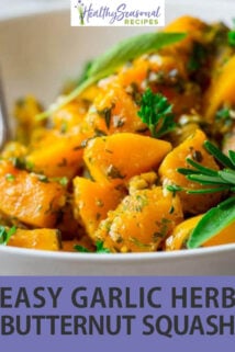 close up bowl of garlic herb butternut squash