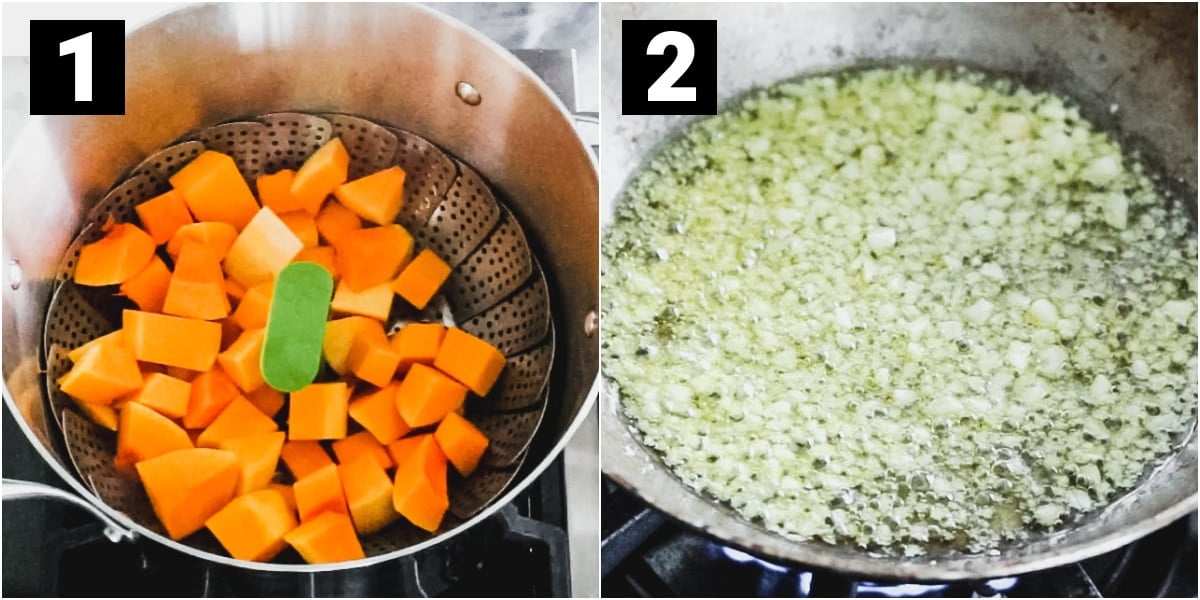 steam the squash and cook the garlic in oil