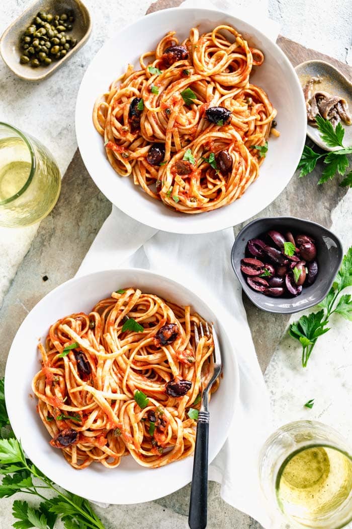 two bowls of pasta from overhead