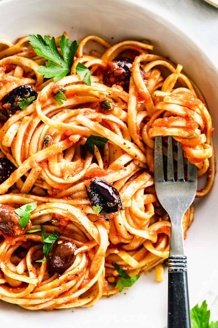 pasta close up in a bowl with a fork