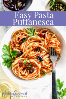 pasta in a bowl with text