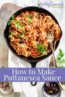 Puttanesca in a skillet with text