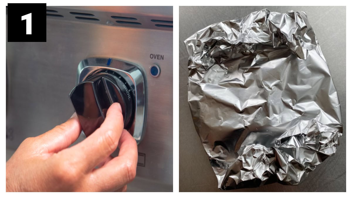 preheat the oven and wrap the tortillas in foil