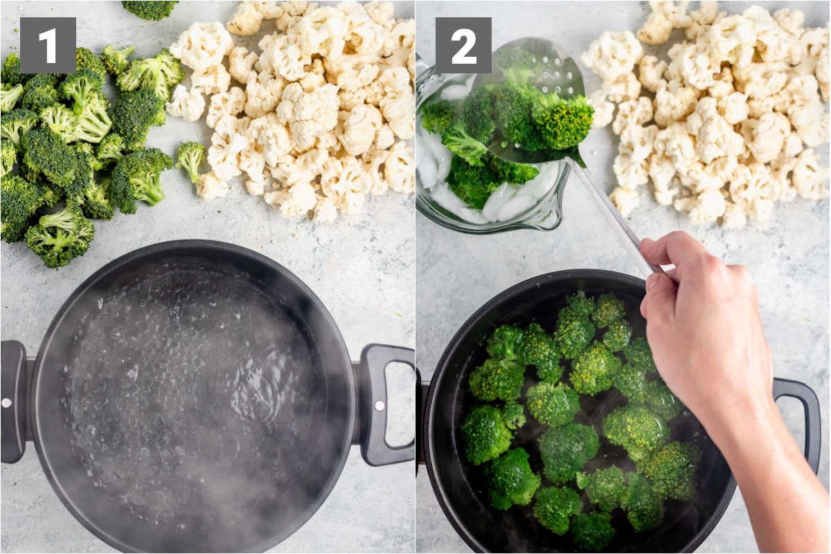 blanching the broccoli and cauliflower