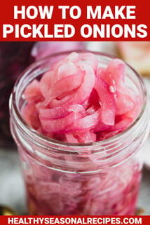 closeup of pickled onions in a jar with text overlay