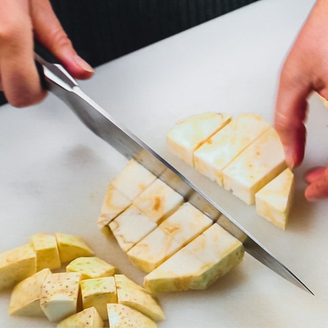 Cut the celery root into 1-inch cubes