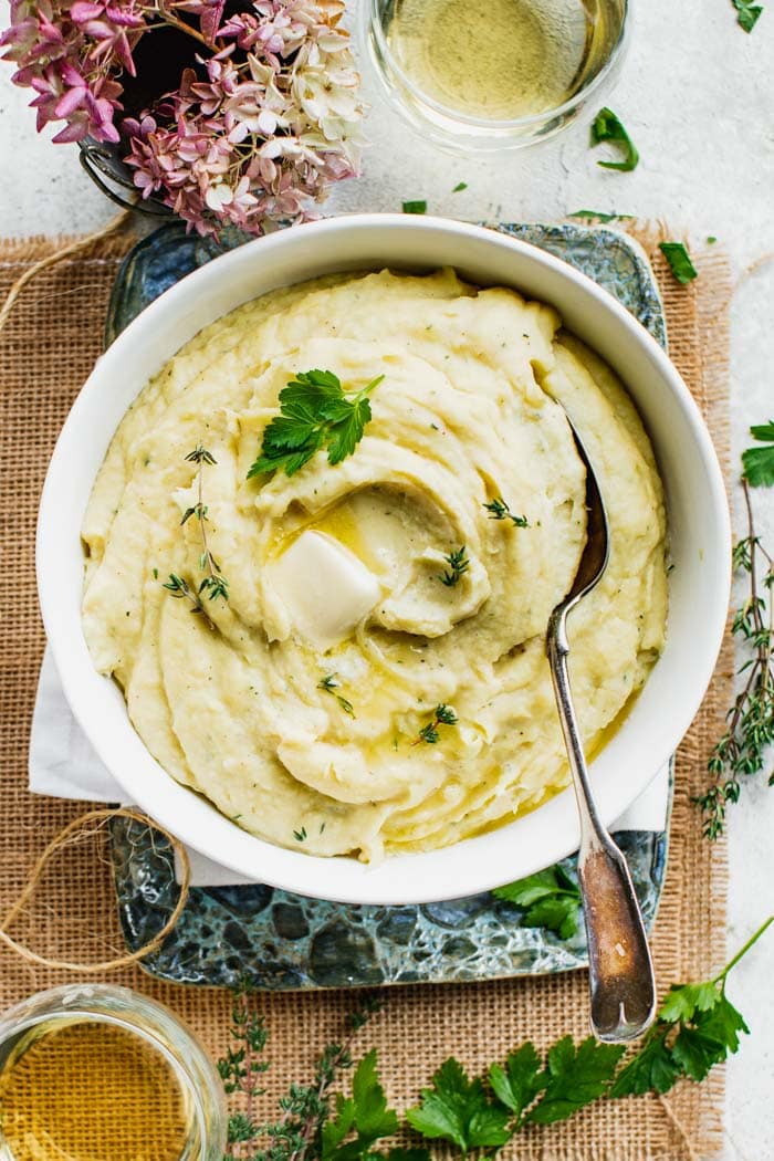overhead of Creamy Garlic Herb MAshed Root Vegetables