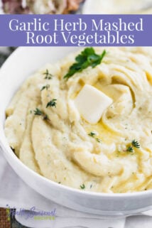 close up photo of mashed roots with butter on top and text overlay