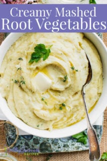 close up photo of mashed roots with butter on top and text overlay