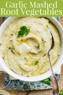 close up photo of mashed roots with butter on top and text overlay