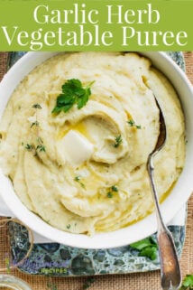 close up photo of mashed roots with butter on top and text overlay