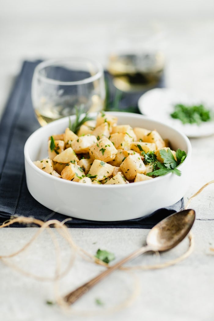 celeriac in a white bowl from the side