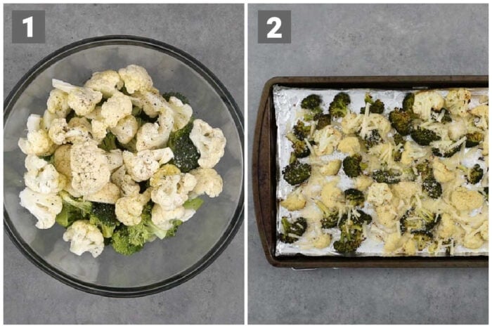 roasted broccoli and cauliflower with cheese steps 1 and 2