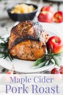 pork loin roast on a white platter with text overlay from side angle before slicing
