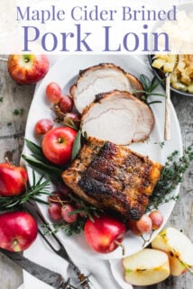 pork loin roast on a white platter with text overlay from overhead
