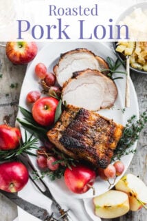 pork loin roast on a white platter with text overlay from overhead