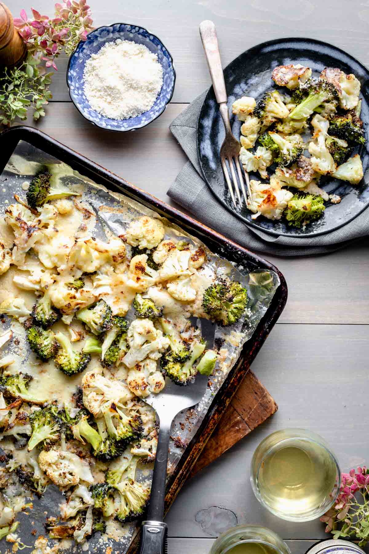 overhead sheet pan with cauliflower and broccoli