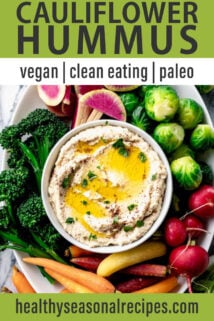bowl of cauliflower hummus with veggies