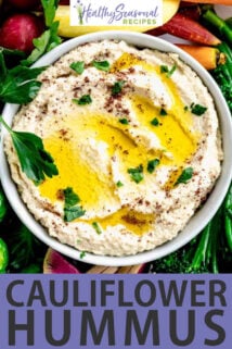 close up bowl cauliflower hummus