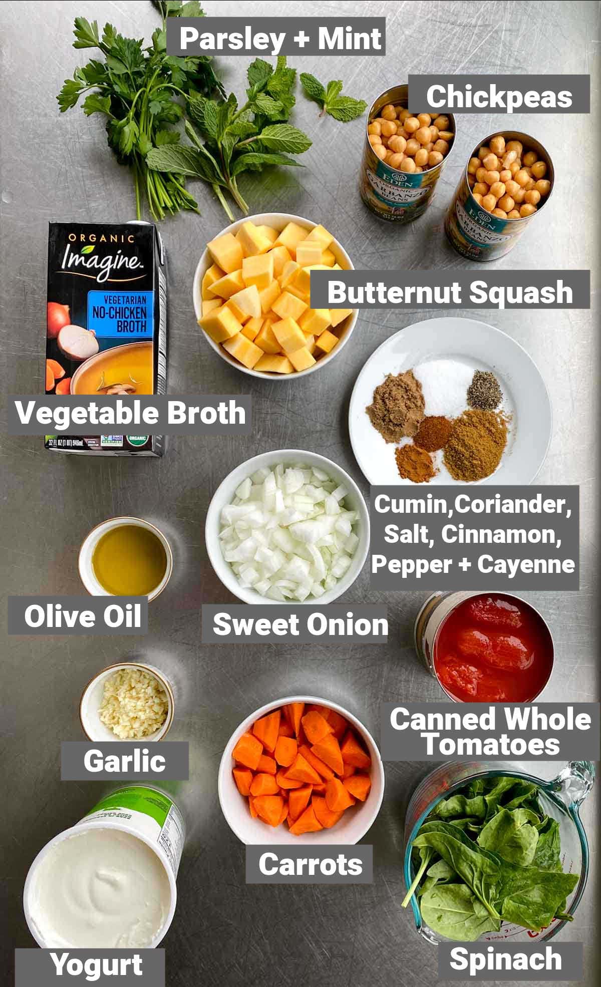 ingredients for the chickpea stew with labels
