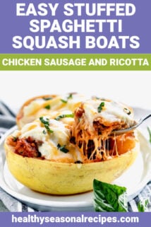 side view of cheesy stuffed spaghetti squash with cheese pull