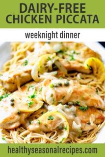 Chicken piccata on a white platter with text overlay