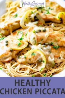 Chicken piccata on a white platter with text overlay
