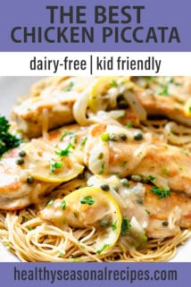 Chicken piccata on a white platter with text overlay
