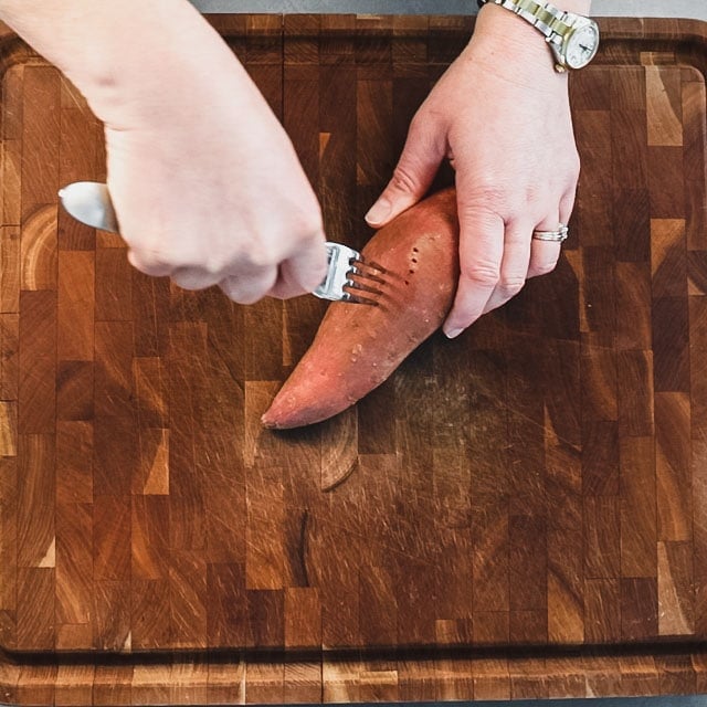 poke sweet potato with a fork to release steam while it microwaves