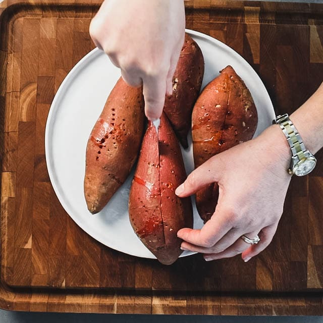 slice a slit along the length of the sweet potato