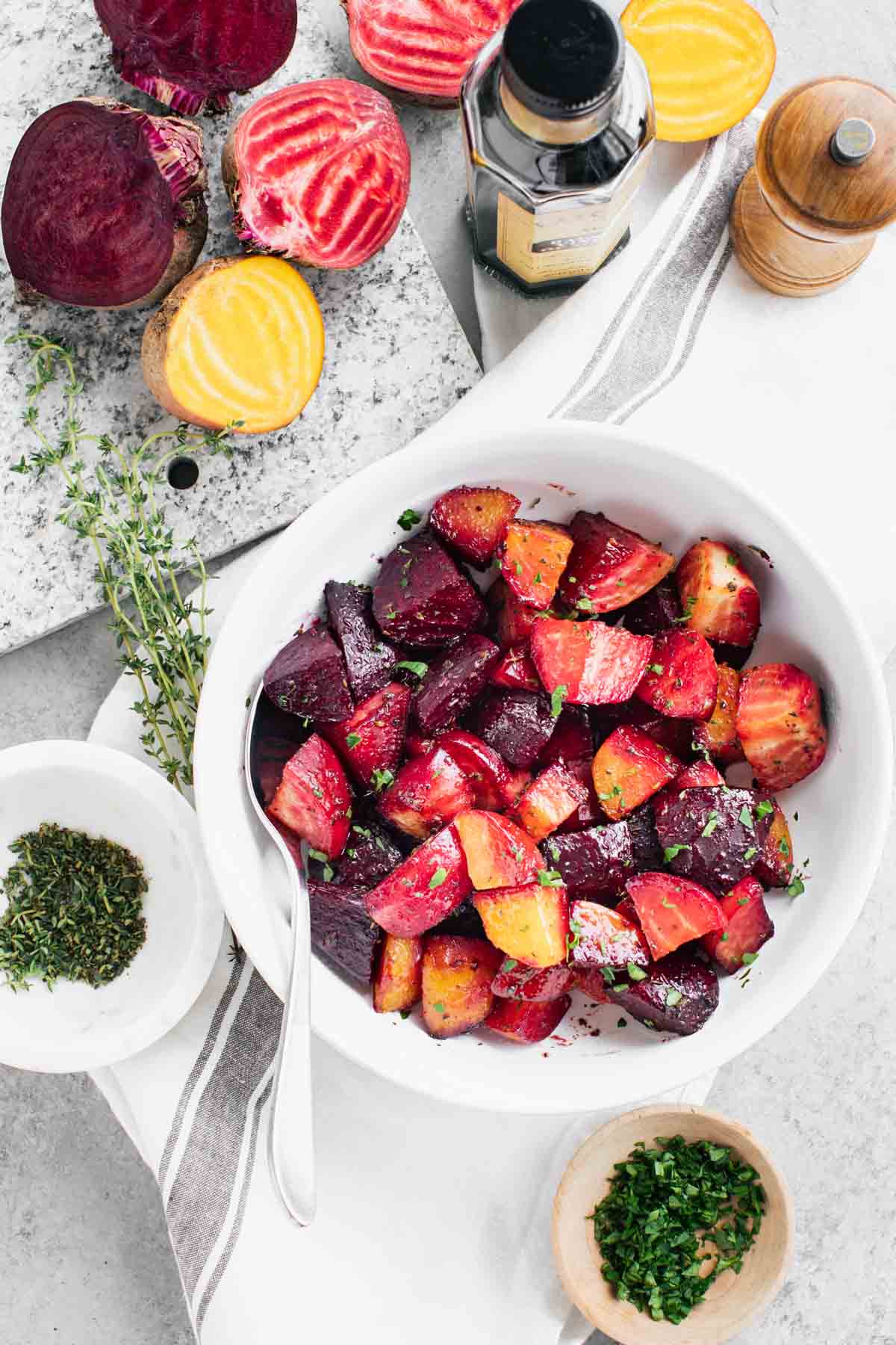 The roasted beets with whole uncut beets and the mis en place