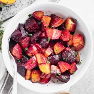 a bowl of chunks of roasted beets from overhead