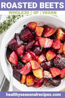 Roasted beets in a white bowl with text overlay