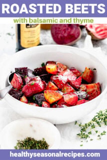 Roasted beets in a white bowl with text overlay