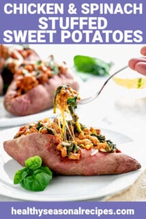 a stuffed sweet potato from the side with a forkful being lifted out