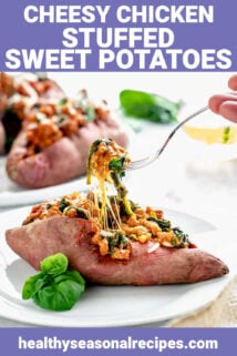 a stuffed sweet potato from the side with a forkful being lifted out