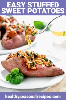a stuffed sweet potato from the side with a forkful being lifted out