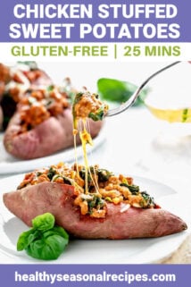 a stuffed sweet potato from the side with a forkful being lifted out