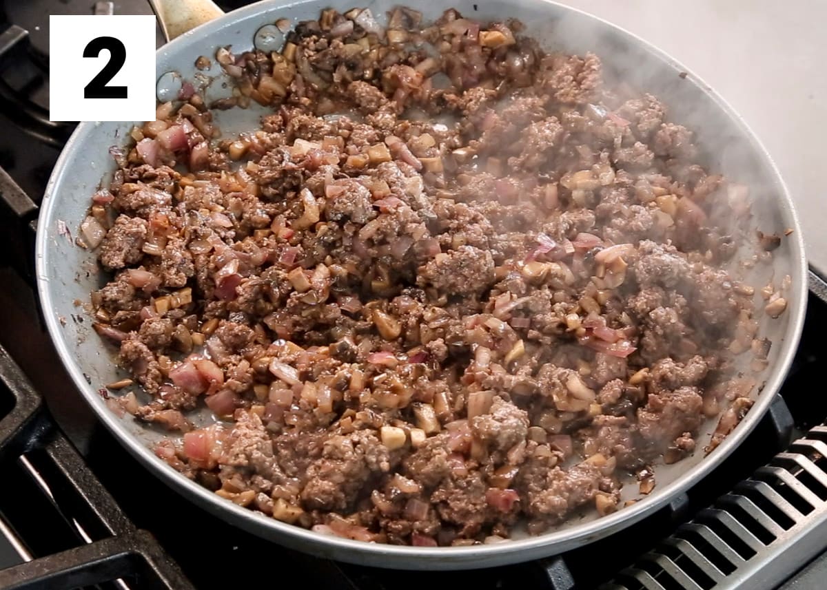 the ground beef in the skillet
