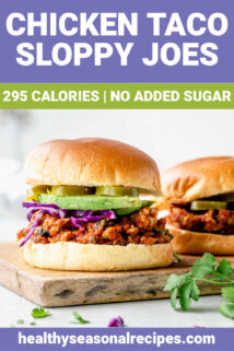 close-up of taco sloppy joes from the side with avocado and colorful garnishes