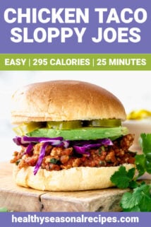 close-up of taco sloppy joes from the side with avocado and colorful garnishes